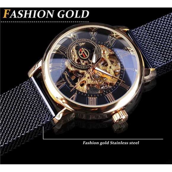 Men's Skeleton Watch Steampunk Watch Mechanical Watch for Men, Black Golden - Picture 5 of 7